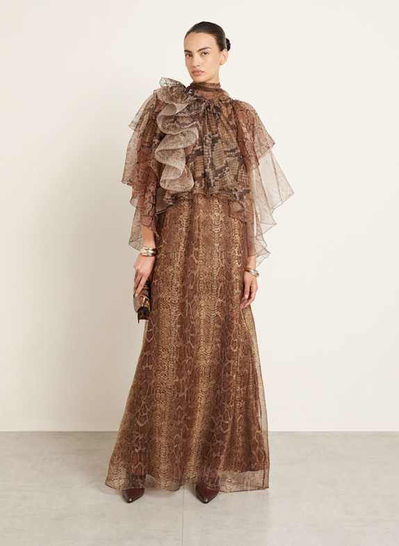 ZIMMERMANN Abendkleid aus Seide mit Volants BRAUN / CREME / COGNAC