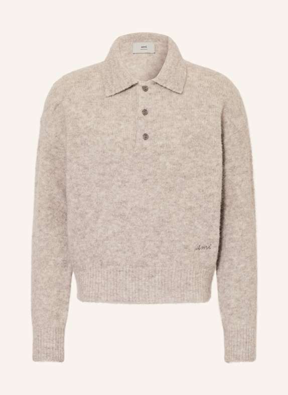 AMI PARIS Strick-Poloshirt mit Alpaka HELLGRAU