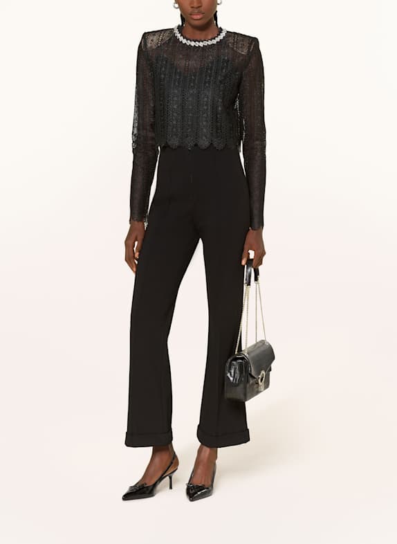 self-portrait Long sleeve shirt in perforated lace with decorative gems BLACK