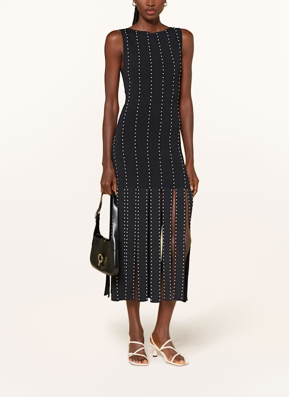 SANDRO Piqué-Kleid aus Jersey mit Schmucksteinen SCHWARZ / WEISS