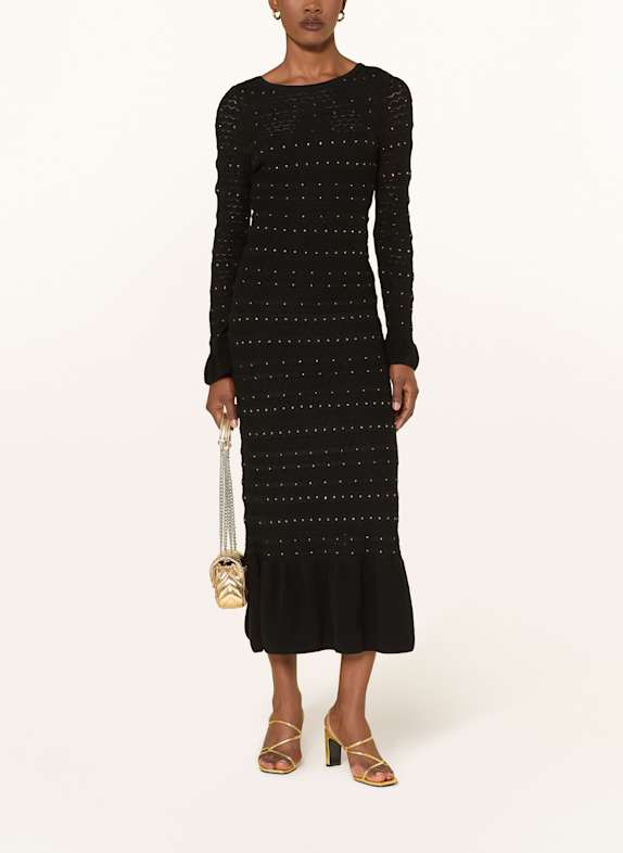 SANDRO Strickkleid mit Schmucksteinen und Volants SCHWARZ