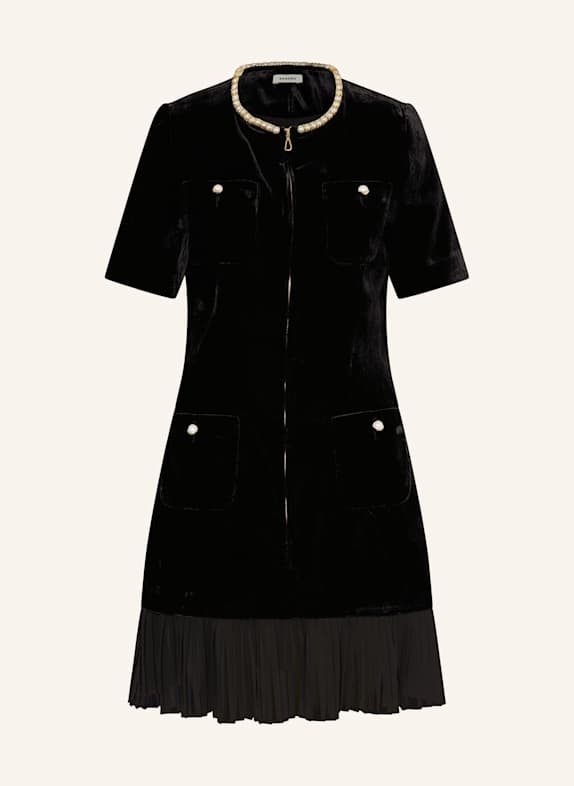 SANDRO Samtkleid mit Plissees und Schmucksteinen SCHWARZ