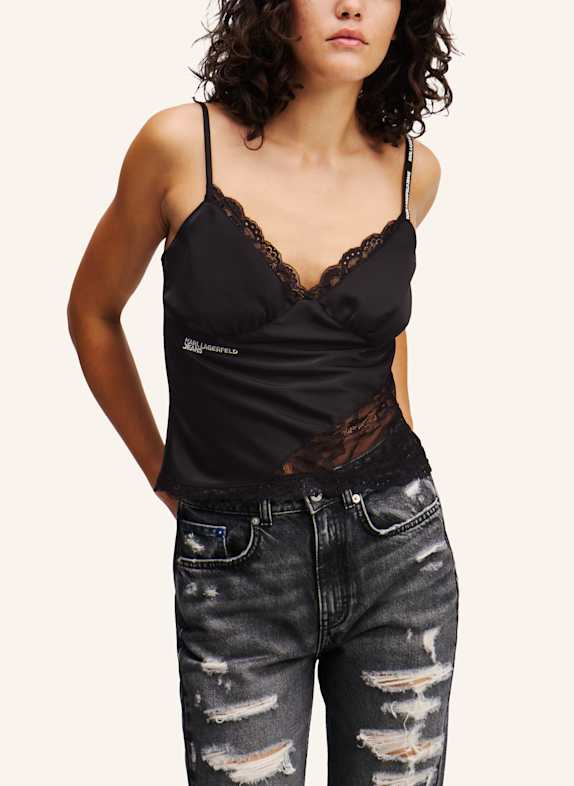 KARL LAGERFELD JEANS TOP AUS SATIN UND SPITZE SCHWARZ