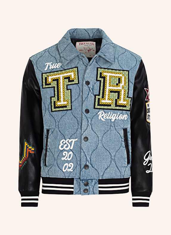 TRUE RELIGION Gesteppte Denim-College-Jacke BLAU/ WEISS