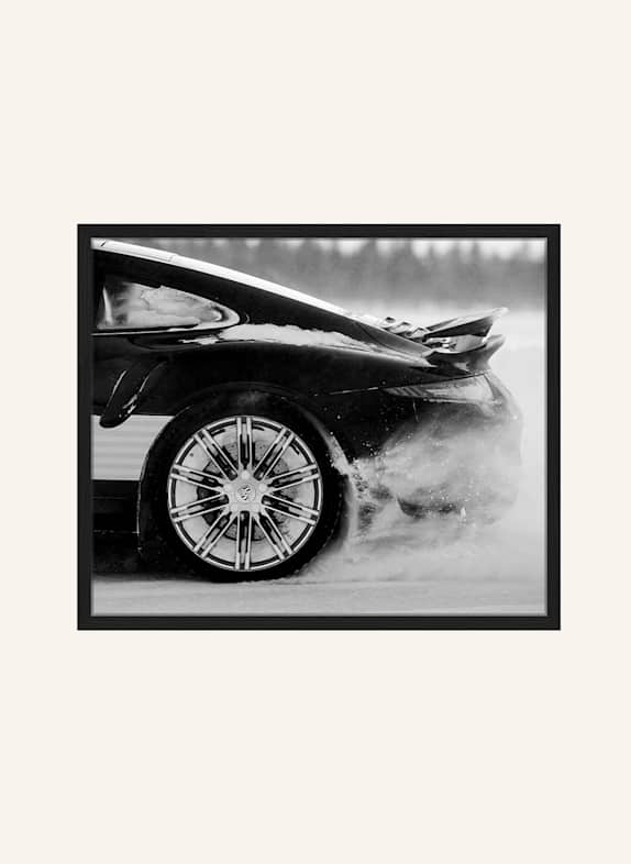 JACOB BADEN Wandbild PORSCHE SCHNEE DRIFT mit Rahmen SCHWARZ