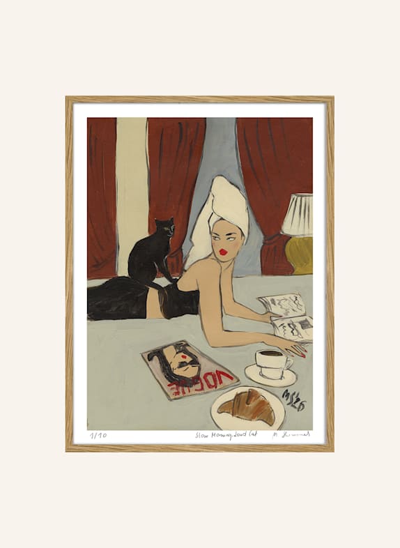 MARTAS ILLUSTRATION Kunstwerk in beperkte oplage: SLOW MORNING, LOUD CAT, met lijst ECRU