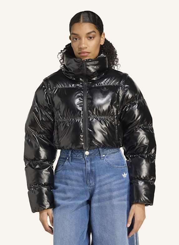 adidas Originals ESSENTIALS GLÄNZENDE 2-IN-1 KÜRZER GESCHNITTENE PUFFER JACKE SCHWARZ