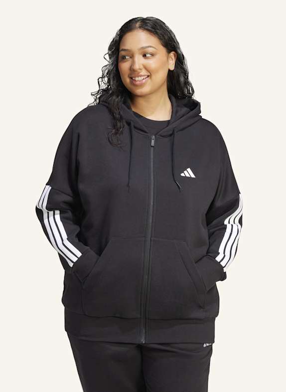 adidas ESSENTIALS 3-STREIFEN FULL-ZIP FLEECE KAPUZENJACKE (GROSSE GRÖSSEN) SCHWARZ/ WEISS