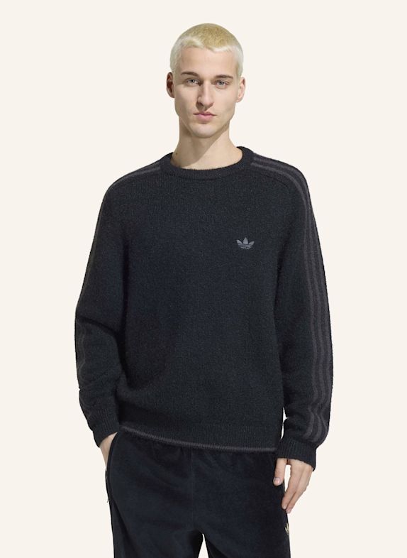 adidas Originals 3 STREIFEN SWEATSHIRT, FLUFFIGER STRICK, RUNDHALSAUSSCHNITT SCHWARZ