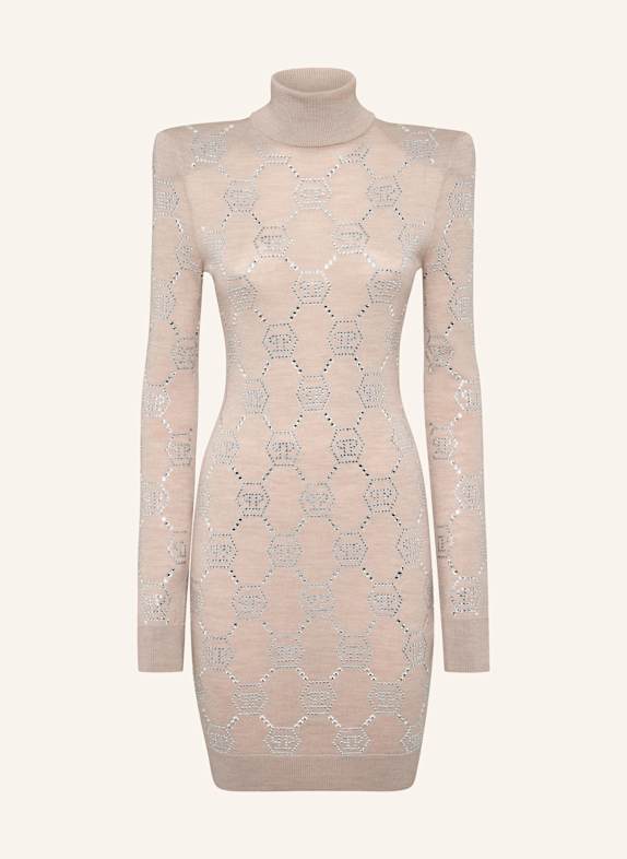 PHILIPP PLEIN Mini Strickkleid mit Schmucksteinen MONOGRAM BEIGE