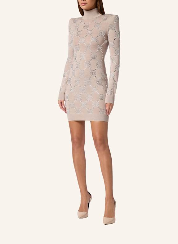 PHILIPP PLEIN Mini Strickkleid mit Schmucksteinen MONOGRAM BEIGE