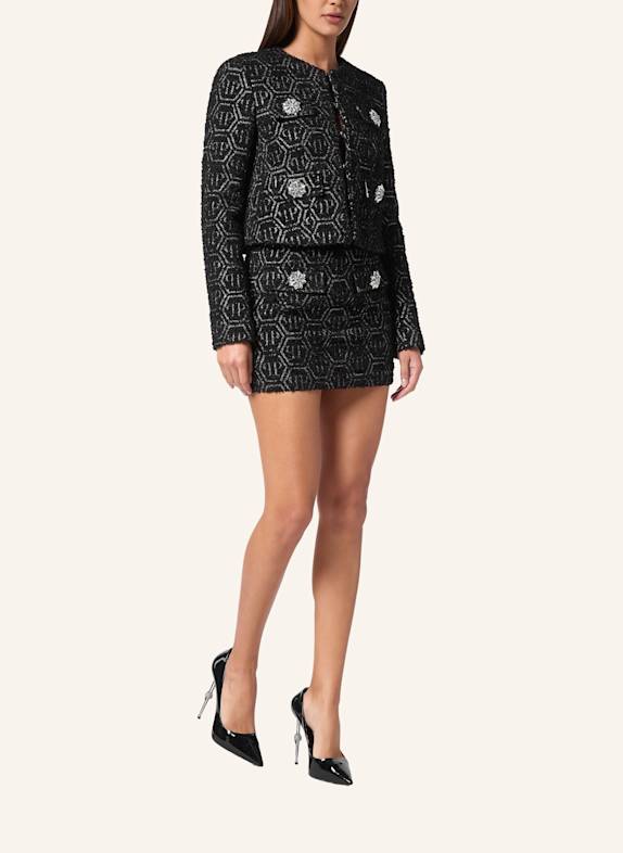 PHILIPP PLEIN Tweed-Jacke mit Gitzergarn MONOGRAM SCHWARZ