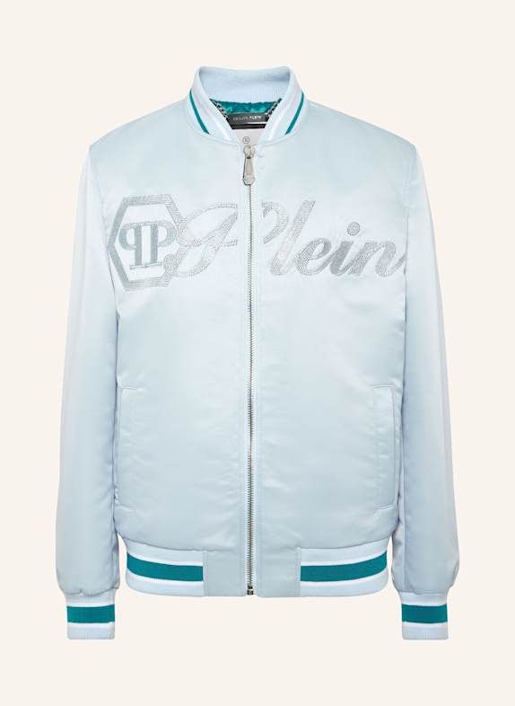 PHILIPP PLEIN PHILIPP PLEIN Satin Bomber Jacket Logo Strass HELLBLAU