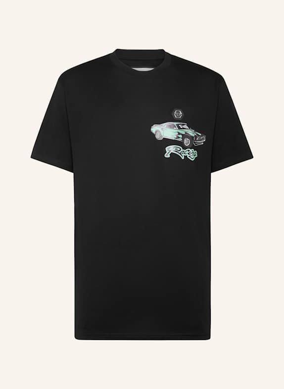 PHILIPP PLEIN T-Shirt Rundhalsausschnitt Ss RACING SCHWARZ/ NEONBLAU