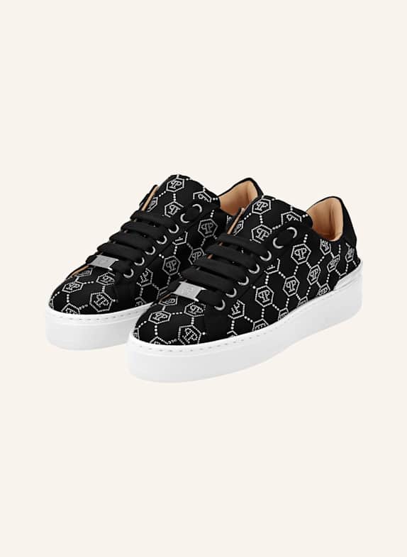 PHILIPP PLEIN Satin Sneaker mit Schmucksteinen MONOGRAM SCHWARZ