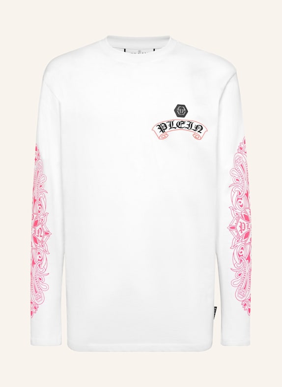 PHILIPP PLEIN T-Shirt Rundhalsausschnitt Ls CHROME WEISS/ NEONROSA