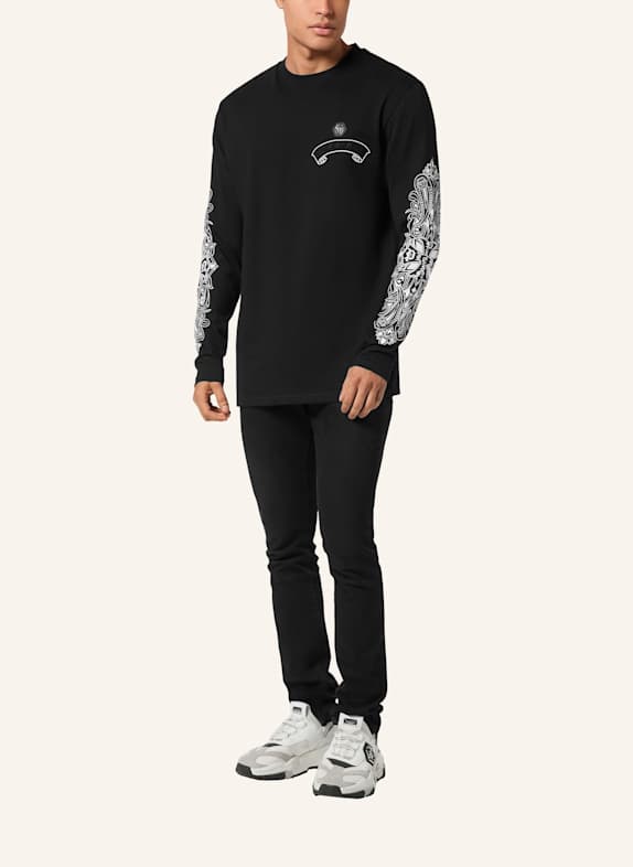 PHILIPP PLEIN Langarm-Rundhals-T-Shirt CHROME SCHWARZ