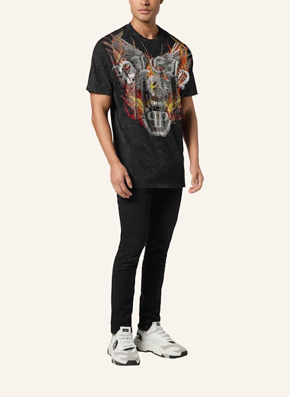 PHILIPP PLEIN Rundhals-T-Shirt im Kimono-Schnitt EAGLE SCHWARZ
