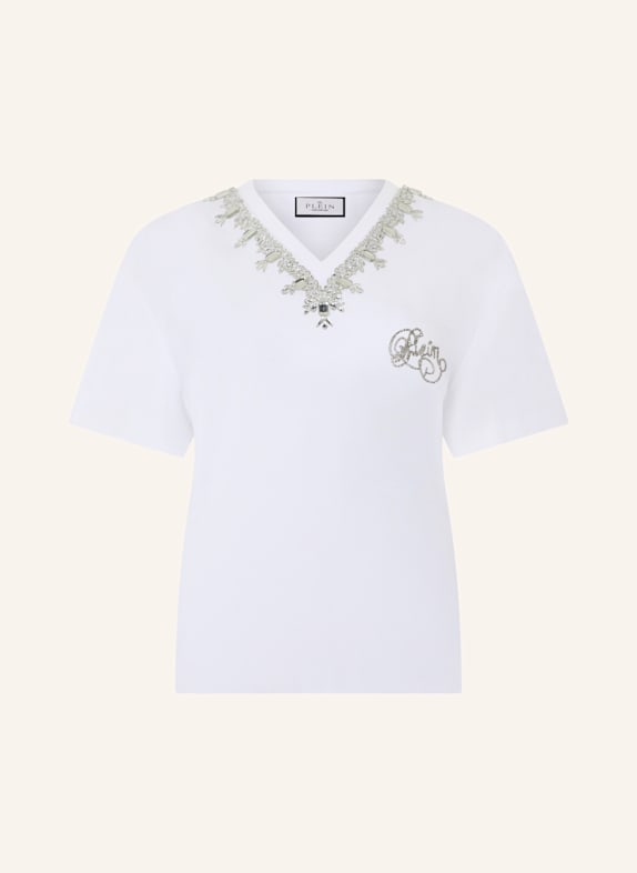 PHILIPP PLEIN PHILIPP PLEIN Man Fit V-Neck T-Shirt Crystals WEISS