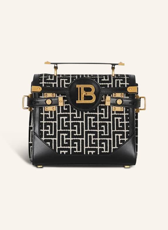 BALMAIN Zweifarbige B-Buzz 23 Tasche aus Jacquard mit Ledereinsatz SCHWARZ