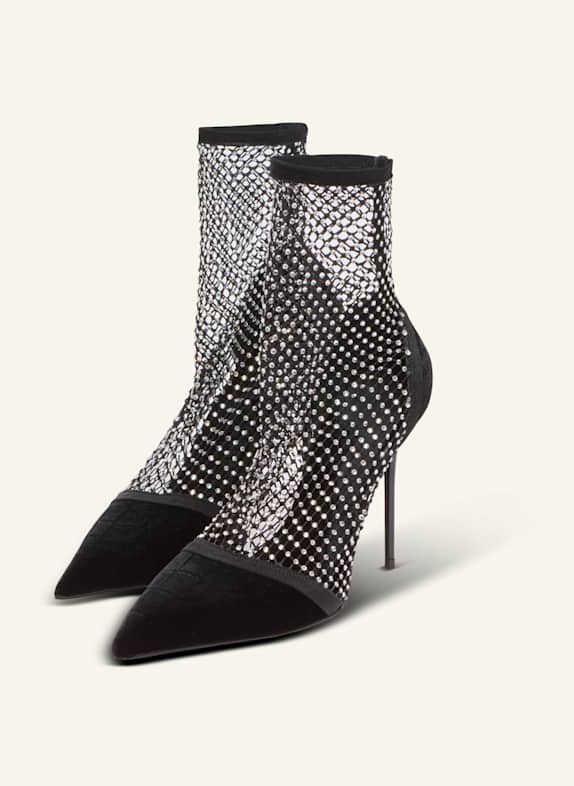 BALMAIN Netz-Stiefeletten mit Absatz, Velours und Strass SCHWARZ