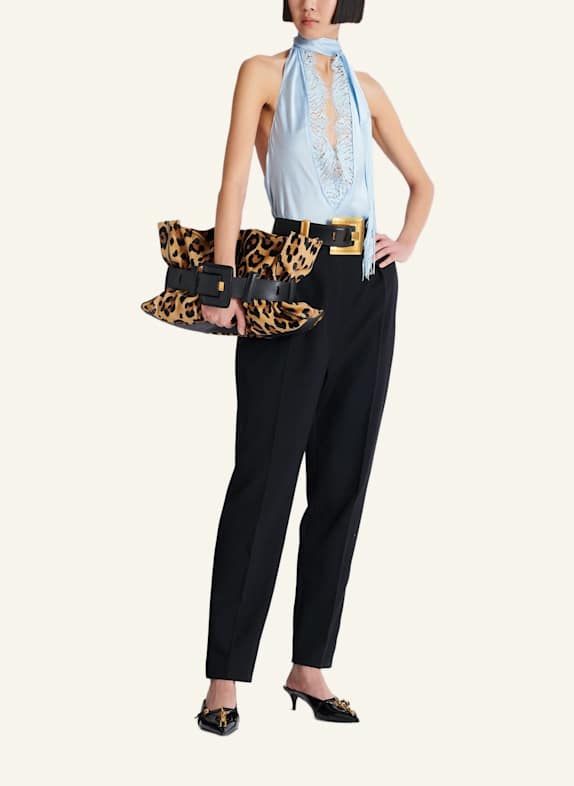 BALMAIN Anthem Tasche mittelgroß aus „Pony“-Leder mit Leopardenmuster BRAUN