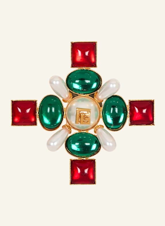 BALMAIN Barocke Brosche mit Perlen und Kristallen DUNKELGRÜN