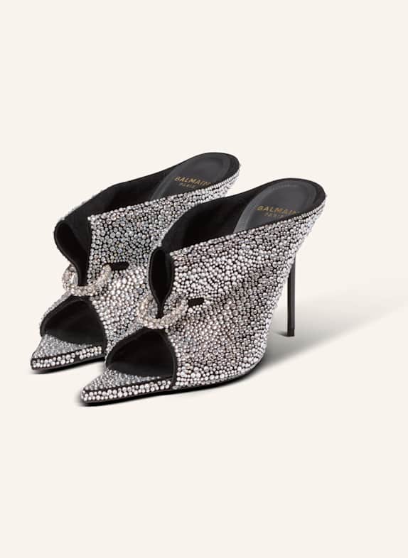 BALMAIN Pantoletten aus Strass und Wildleder mit Piercing vorne SILBER
