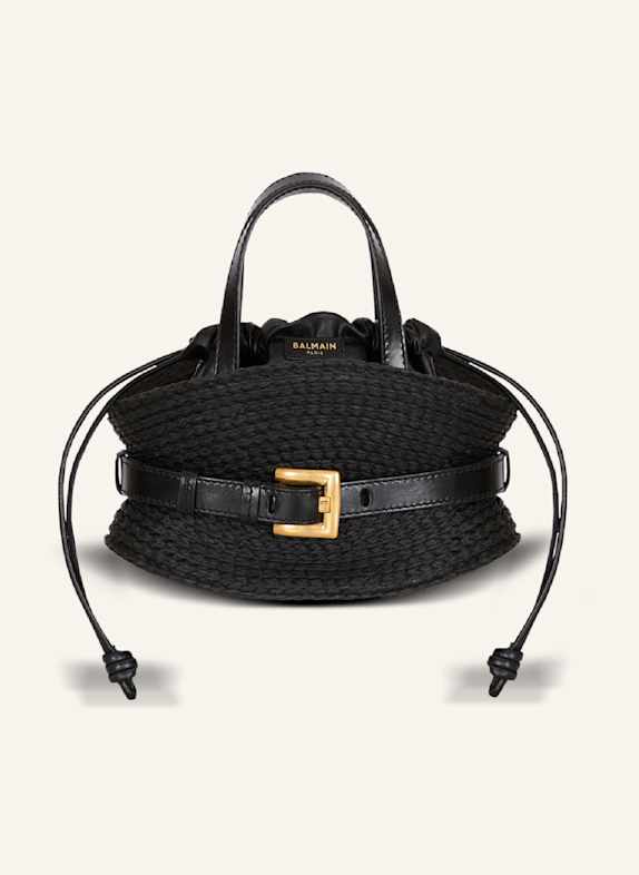 BALMAIN Minitasche Shuffle aus Kalbsleder und Raffiabast SCHWARZ