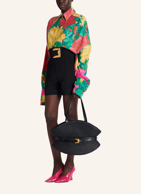 BALMAIN Mittelgroße Tasche Shuffle aus Bast und Kalbsleder SCHWARZ