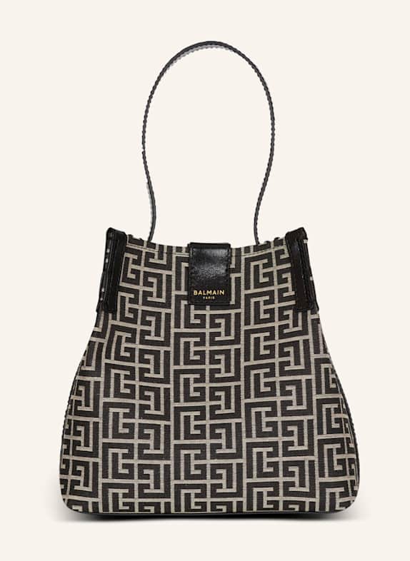 BALMAIN Beuteltasche Release aus Jacquard und Kalbsleder SCHWARZ