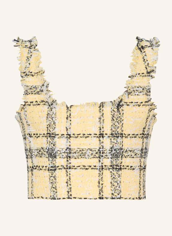 BALMAIN Kurzes Top aus Tweed mit Tartanmuster und Pailletten GELB