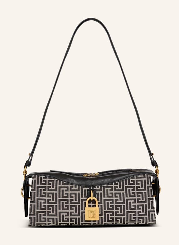 BALMAIN Schultertasche Pulse aus Monogramm-Jacquard und Kalbsleder SCHWARZ
