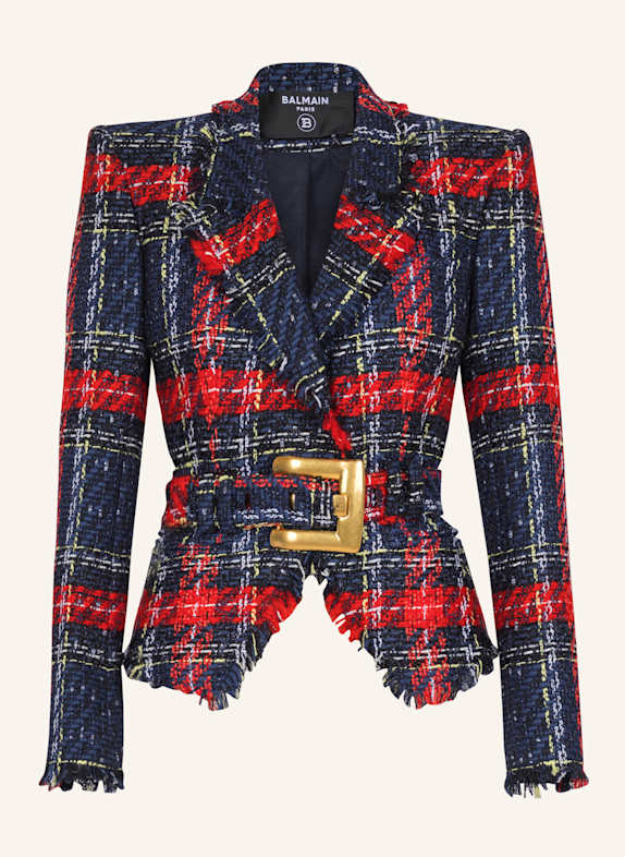BALMAIN Jacke mit Gürtel aus Tweed mit Tartanmuster ROT