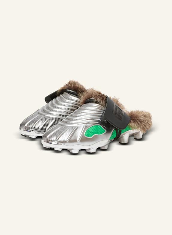 BALMAIN Pelzgefütterte Pantoletten Half Time aus technischen Materialien GRÜN