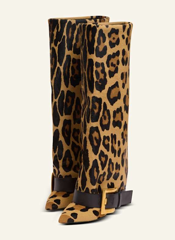 BALMAIN Anthem Lederstiefel mit Leoparden-Print BRAUN
