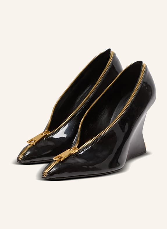 BALMAIN Pumps mit Reißverschluss und Keilabsatz aus Lackleder SCHWARZ