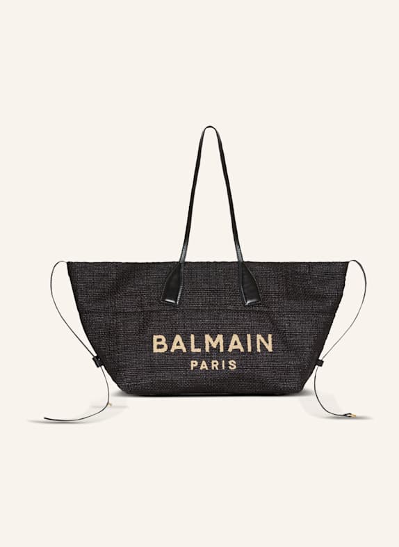 BALMAIN Shopper Track aus Kalbsleder und Raffiabast SCHWARZ