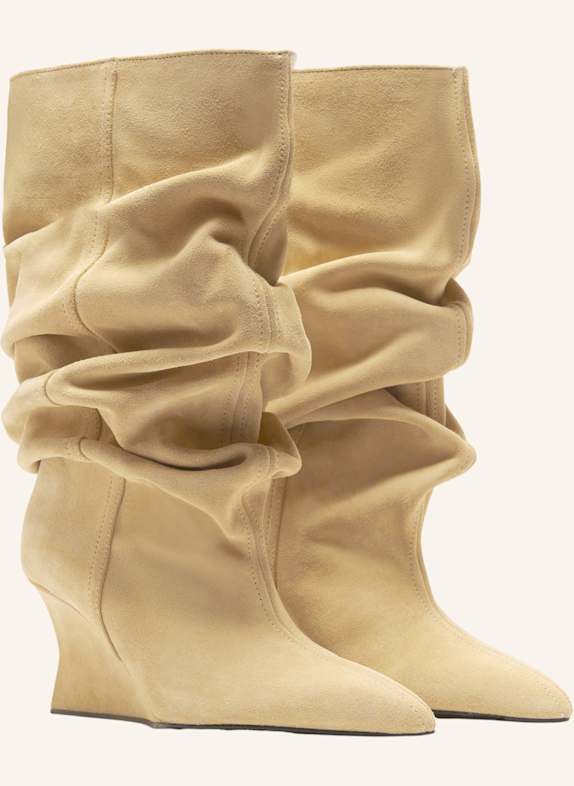 BALMAIN Drapierte Stiefeletten mit Keilabsatz aus Wildleder KHAKI