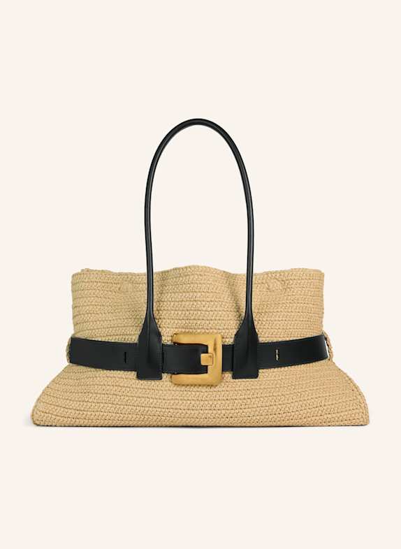 BALMAIN Große Anthem Tasche aus gehäkeltem Stoff und Glattleder KHAKI