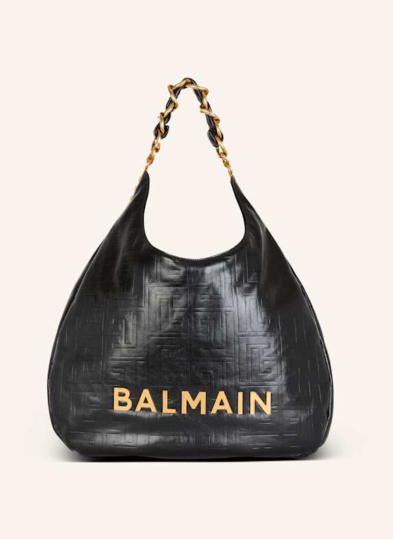 BALMAIN Große Tasche 1945 Soft Hobo aus geknittertem Kalbsleder mit PB Labyrinthe-Monogramm-Prägung SCHWARZ