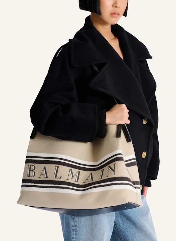 BALMAIN Mittelgroßer Shopper Release aus Canvas und Kalbsleder KHAKI