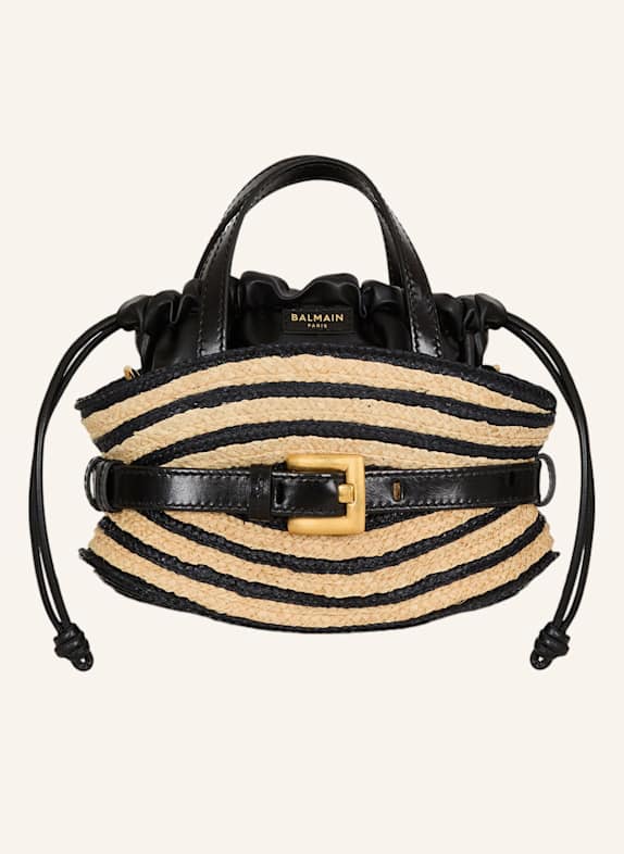 BALMAIN Shuffle Mini-Tasche aus Bast und Glattleder KHAKI