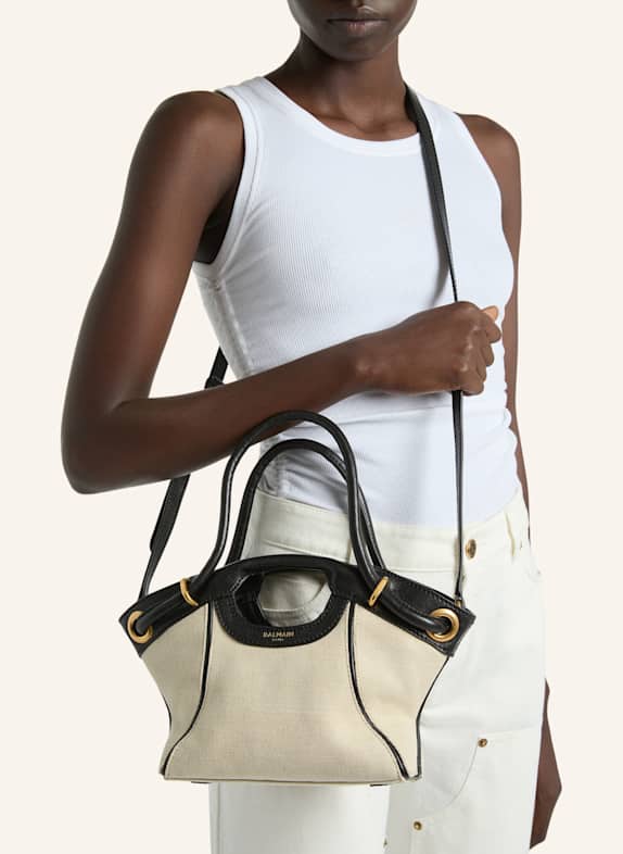 BALMAIN Kleiner Shopper aus Canvas und glattem Leder KHAKI