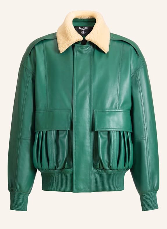 BALMAIN Bomberjacke aus Leder und Shearling GRÜN