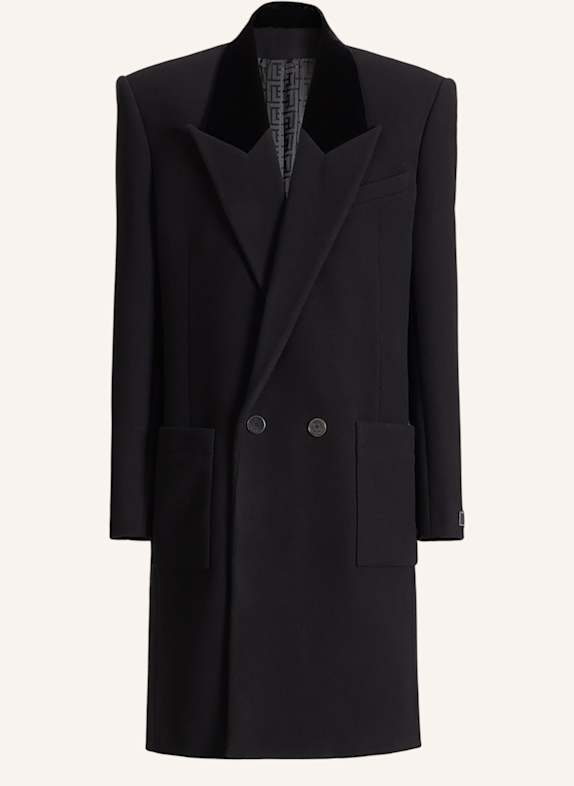 BALMAIN Langer Mantel aus Wolle und Samt SCHWARZ