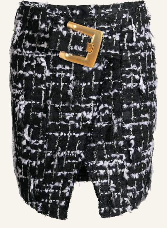 BALMAIN Tweedrock mit Gürtel und Fransen SCHWARZ
