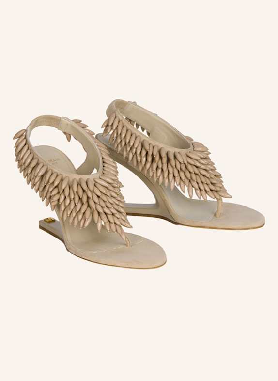 BALMAIN No Wedge-Sandalen aus Wildleder und Perlen KHAKI