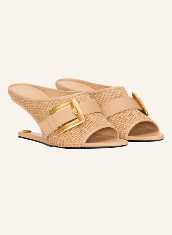 BALMAIN Anthem No Wedge Pantoletten aus Bast und Glattleder KHAKI