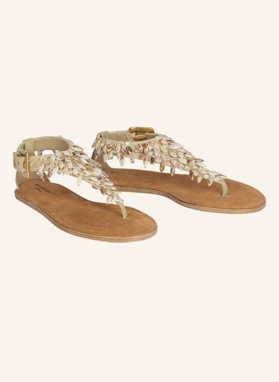 BALMAIN Flache Sandalen aus Wildleder, Baumwolle und Perlen KHAKI
